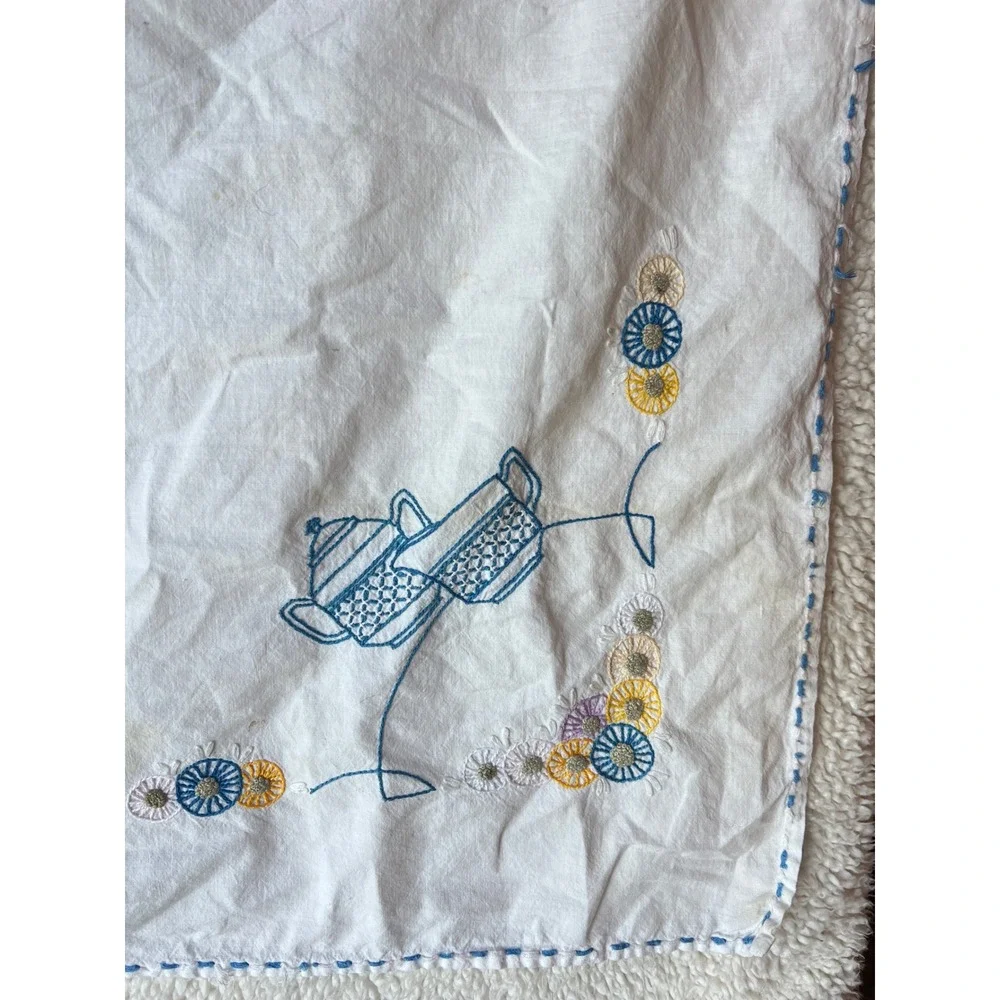 Vintage Hand Embroidered White Square Tea Tablecloth Floral Teapot 32x32